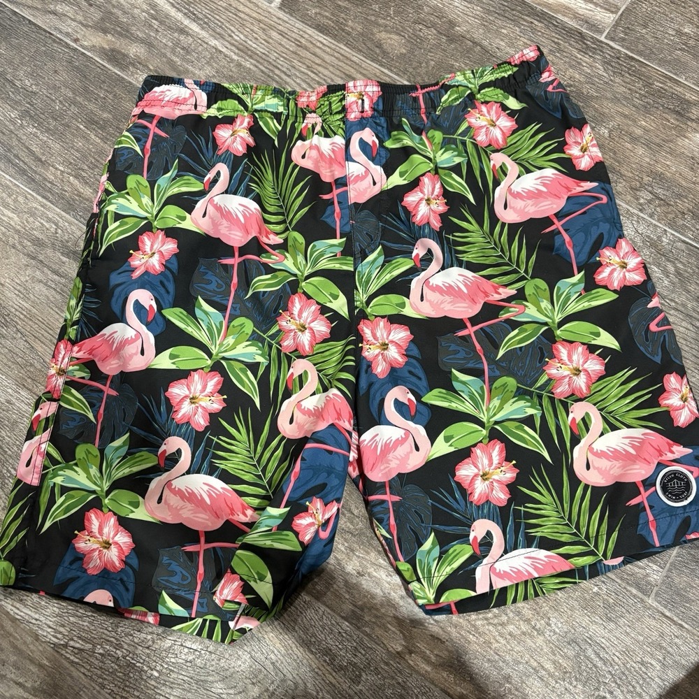 Brooklyn Cloth Flamingo Swim Trunks Pink Black Green Sz L Vacation Beach Preppy